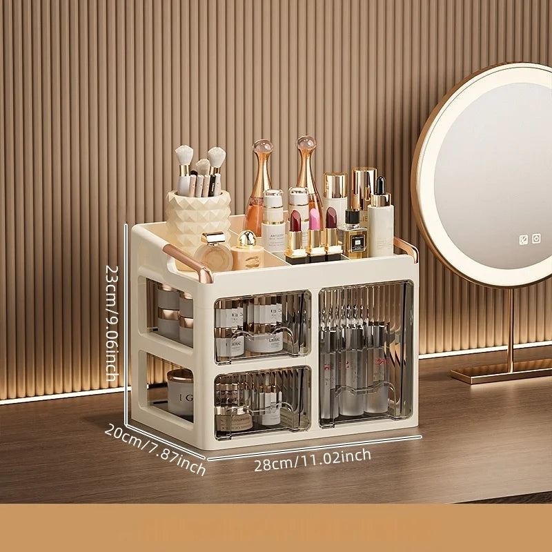 boîtes rangement cosmétiques moderne pliables beige clair poignées dorées étiquettes produits