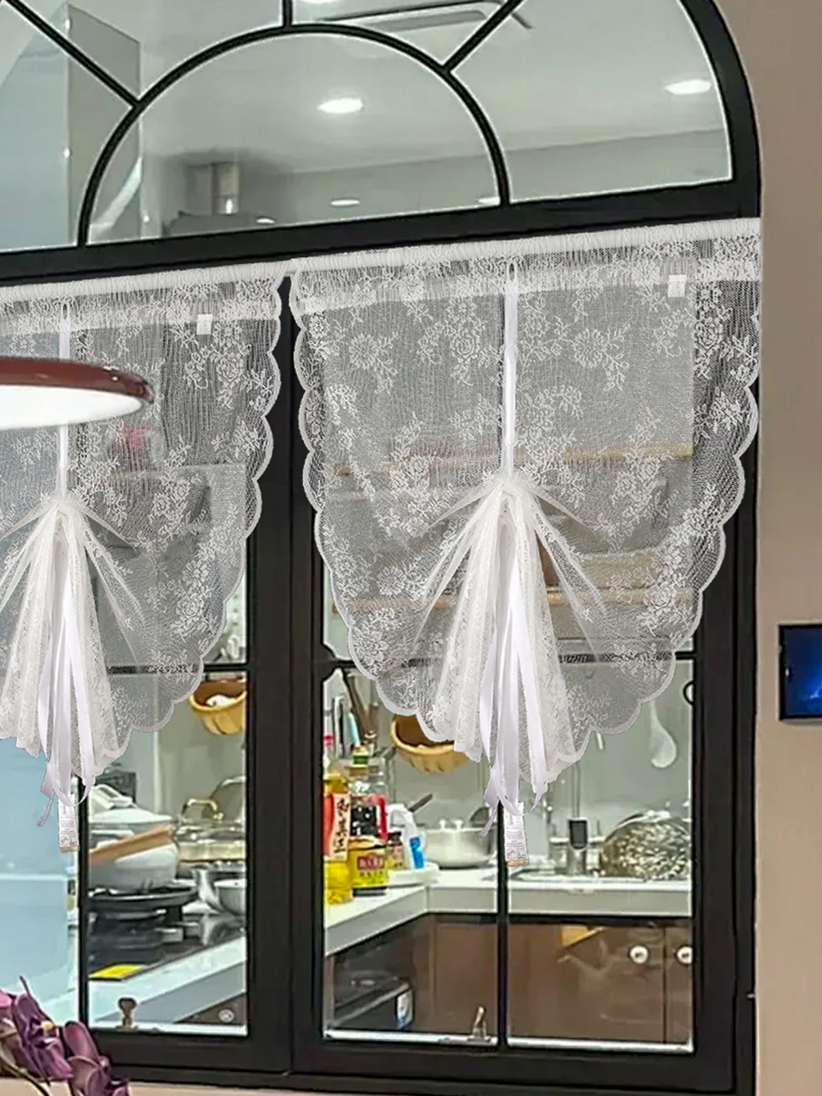 rideau blanc fleur dentelle transparent classique romantique ruban noeud maison