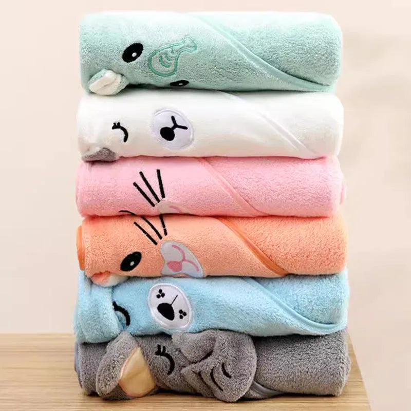 serviettes bain capuche animaux brodés douces enfants vert pastel rose orange gris bleuclair