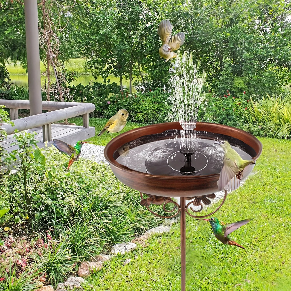 bassin oiseaux fontaine solaire bronze rustique pied stable jardin artisanalextérieur