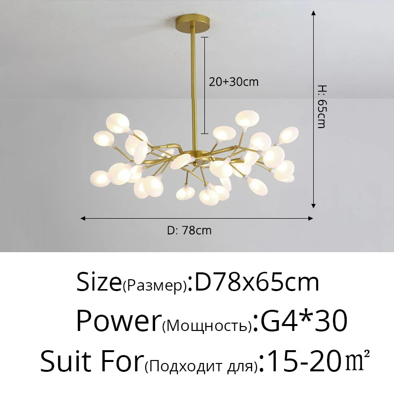 suspension lumineuse or blanc feuilles stylisées opalescente contemporaine 18 ampoules