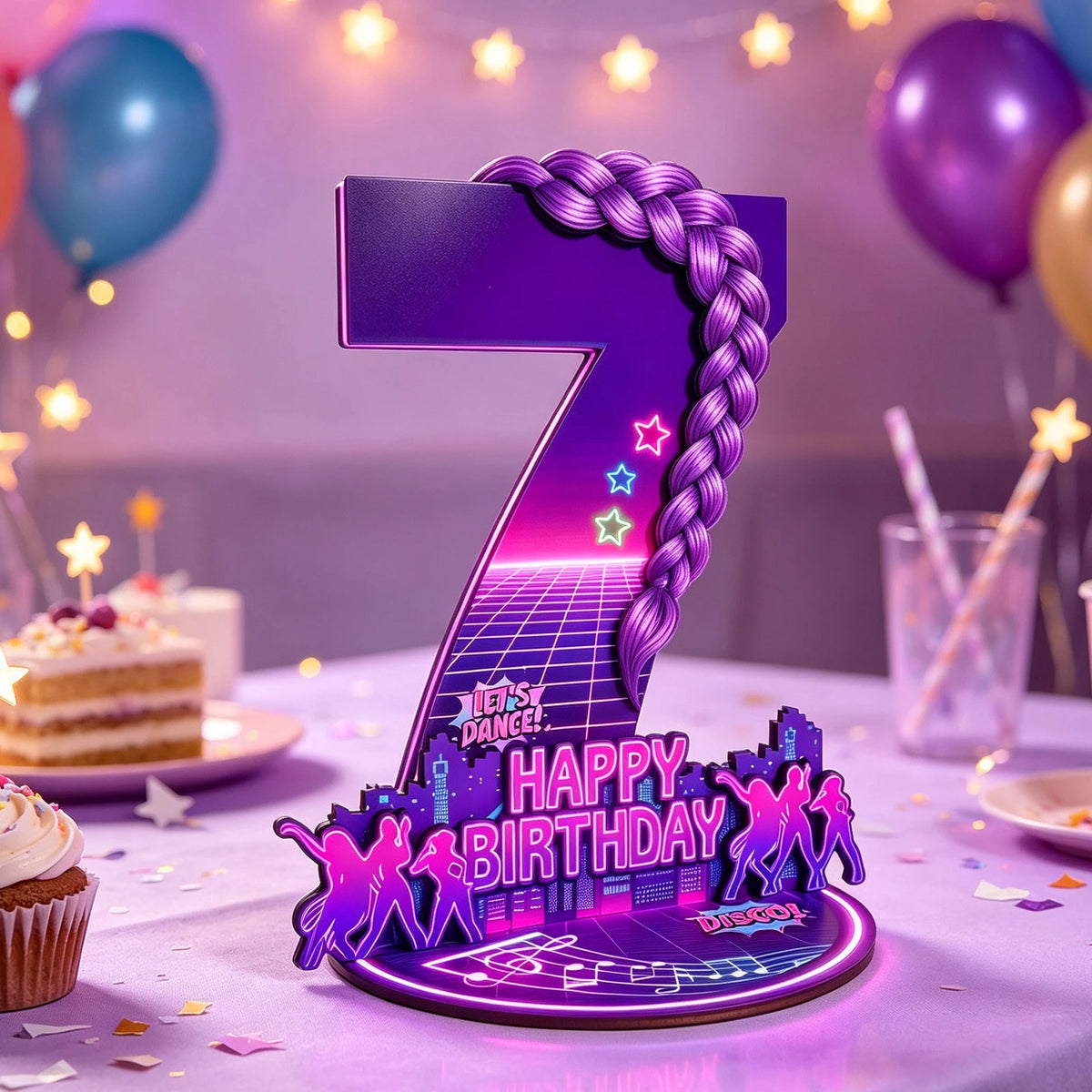 décoration anniversaire enfant années 80 disco numérotée violet rose magenta jaune