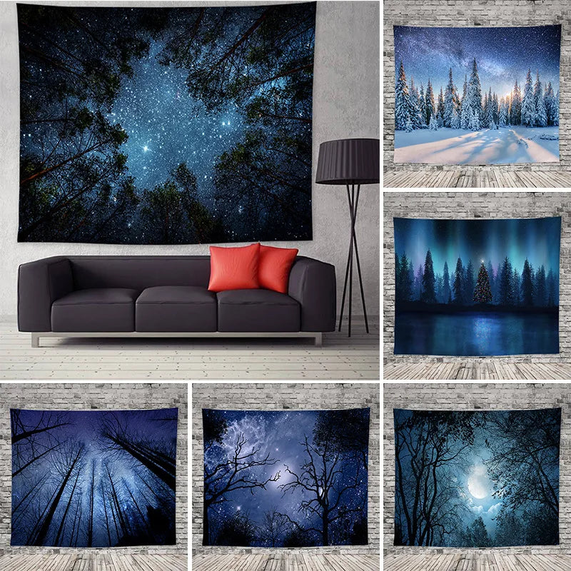 tapisserie forêt nocturne étoiles aurora borealis bleu noir blanc vertical maison chambre decoration