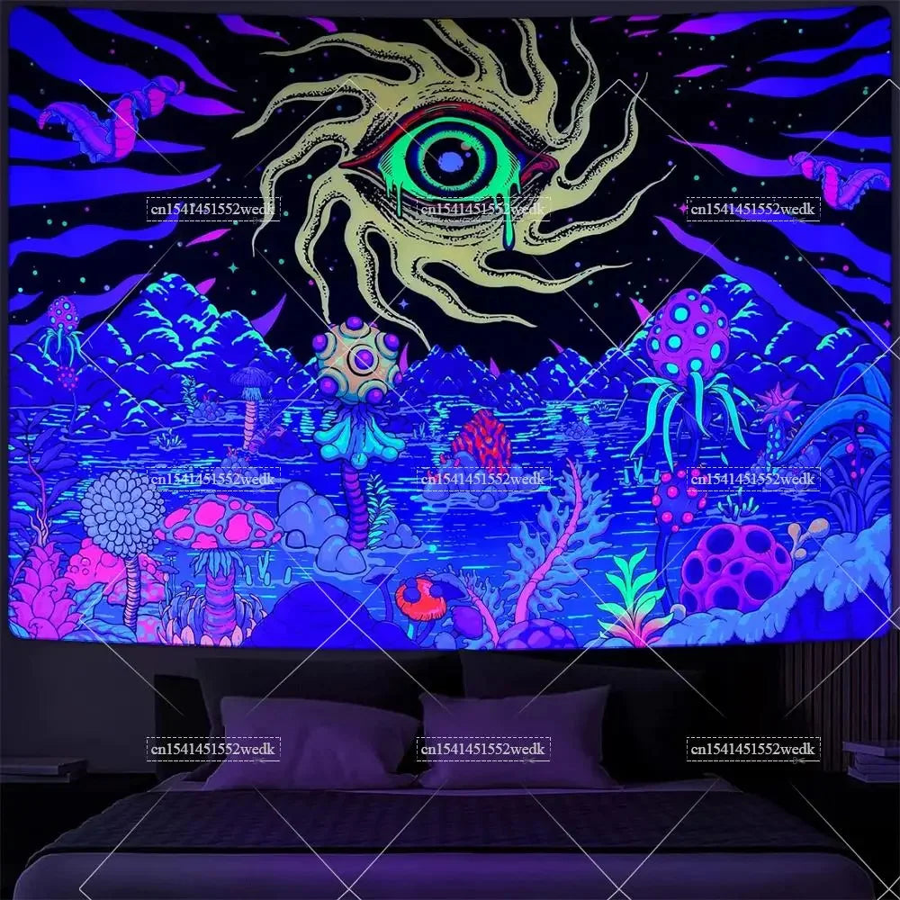 tapisserie murale multicolore oeil stylisé motifs géométriques artificielle psychédélique uv reactive