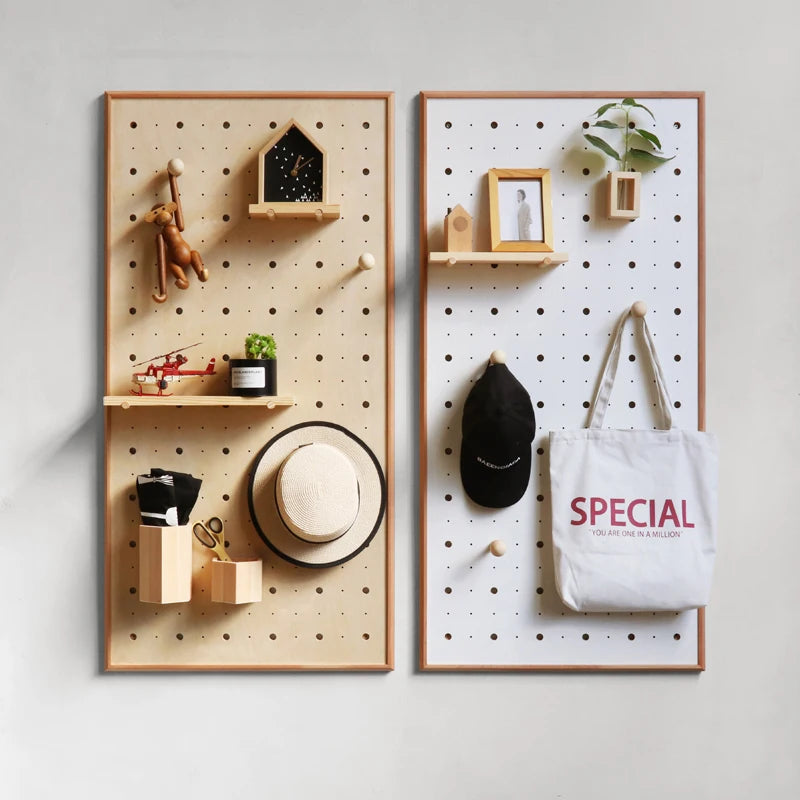 panneau clous étagères bois moderne minimaliste blanc bois naturel support mural stockage salon