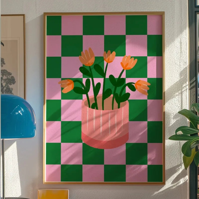 Toile d'art moderne abstraite carreaux vert rose fleurs décoration murale sans cadre chambre salon