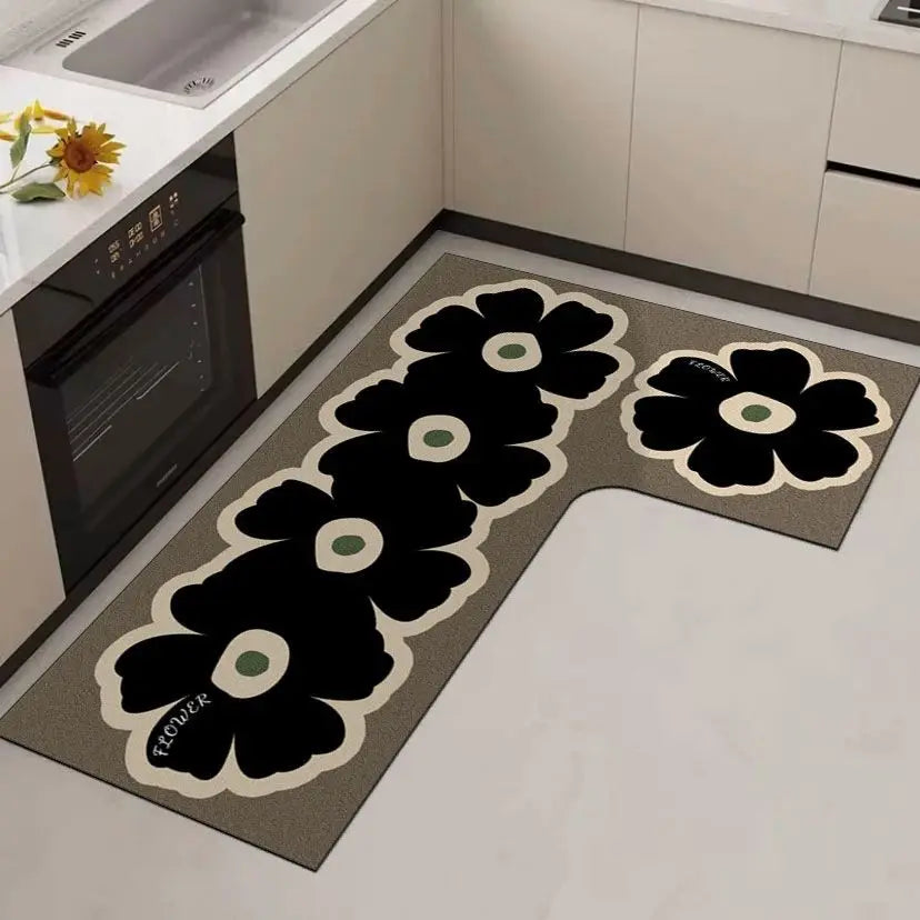 tapis cuisine noir fleurs stylisées moderne imperméable antidérapant polypropylène PVCintérieur sèche rapidement