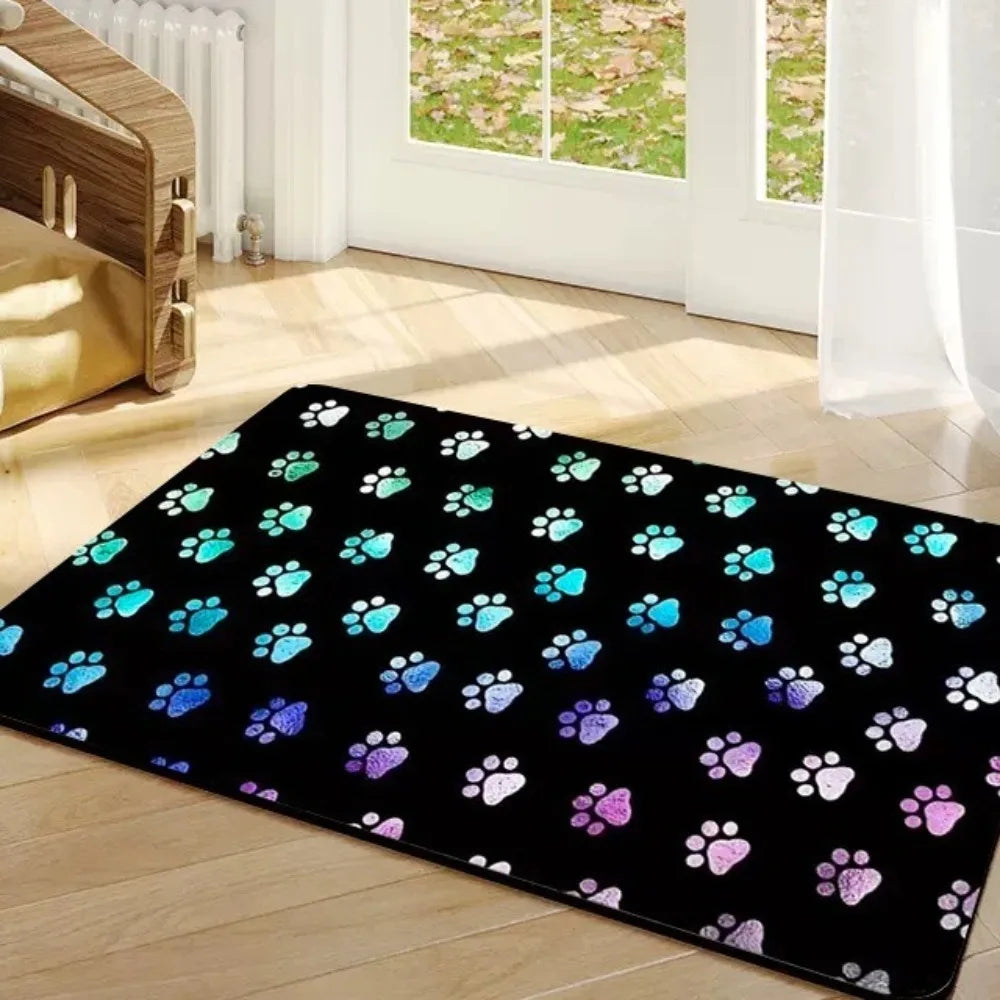 tapis antidérapant empreintes chien moderne bleu marron noir décoration sol