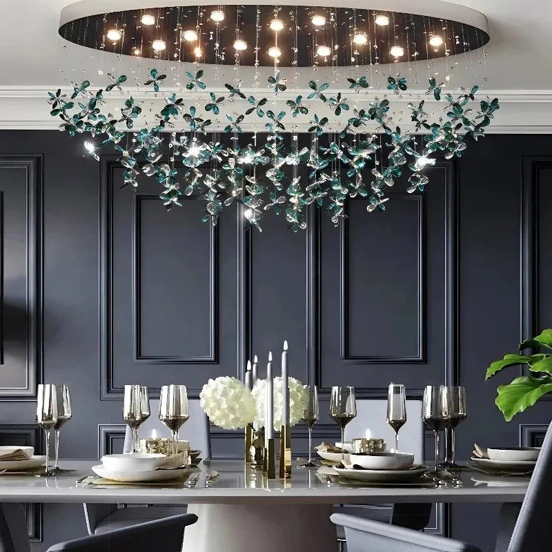 Suspension lumineuse moderne fleurs papillons translucides vert bleu blanc dimmable élégante