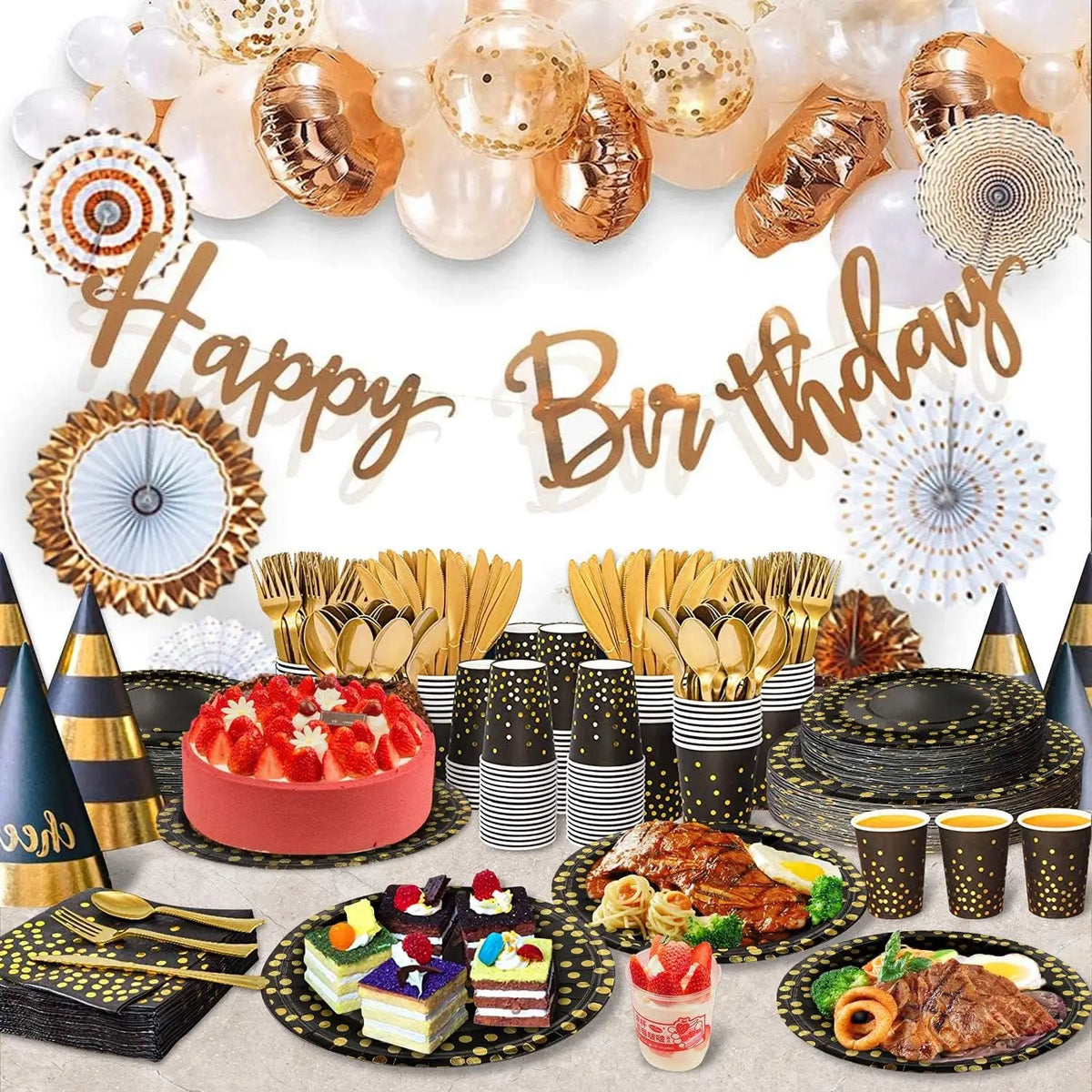 assiettes noires points dorés cuillères fourchettes couteaux gobelets serviettes tablecloth festif jetables moderne