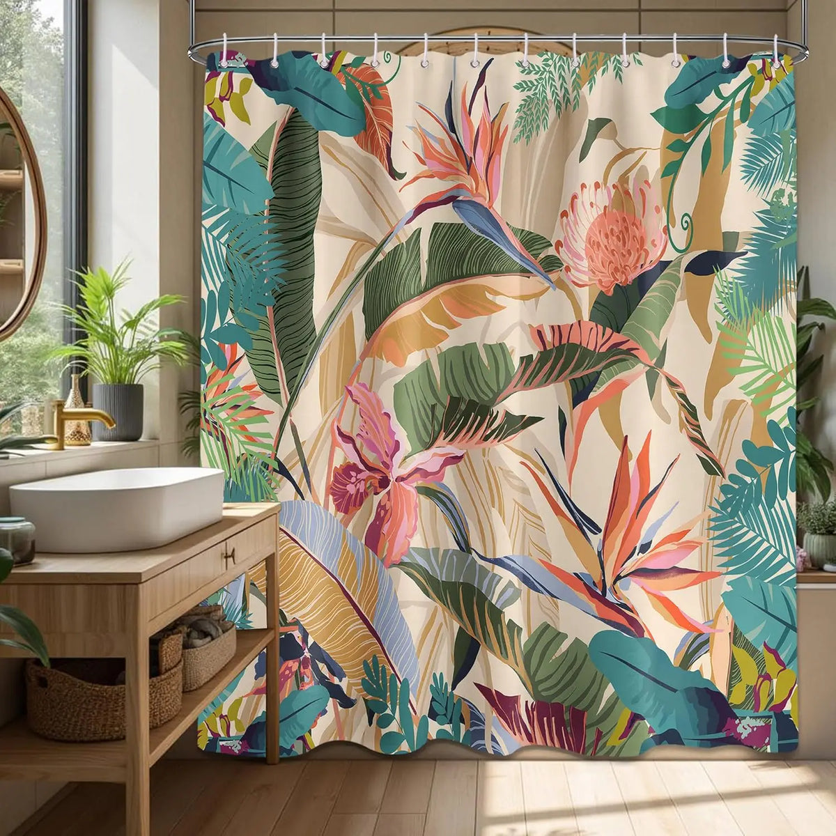 rideau douche tropical feuilles fleurs moderne multicolore opaques 12 71x71inch