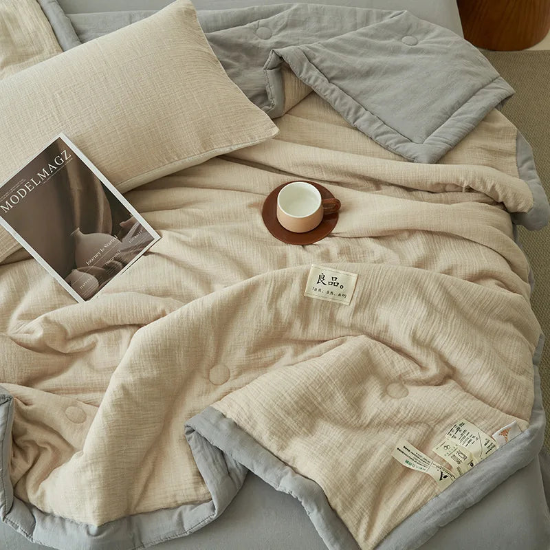 couette d'été coton polyester double couche beige gris légèrement ridée japonaise 150x200cm 180x200cm 200x230cm