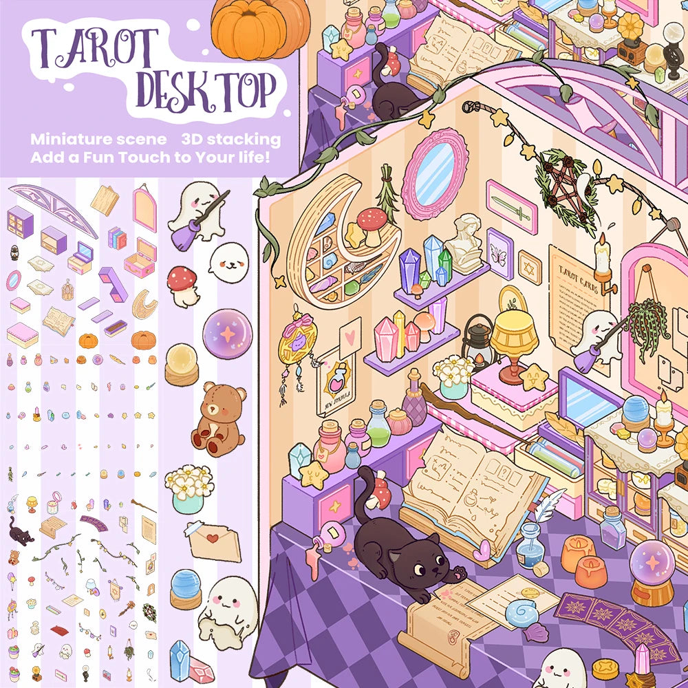 miniatures illustration cartoonesque livres bougies cristaux animaux stickers décorativos violet rose blanc