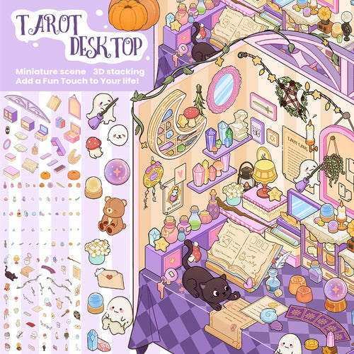 miniatures illustration cartoonesque livres bougies cristaux animaux stickers décorativos violet rose blanc