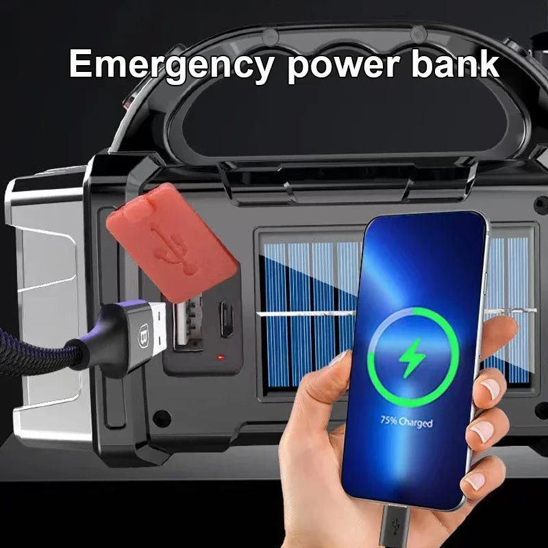 lampe torche solaire rechargeable led camping extérieur 12h luminosité usb solar charging robuste moderne