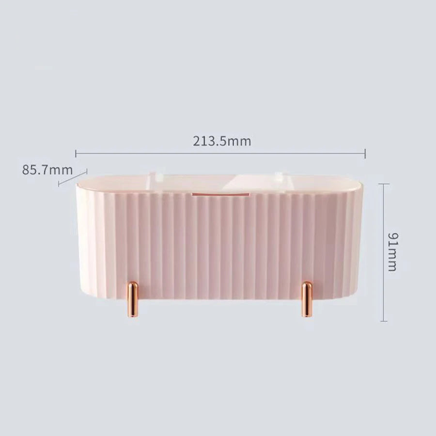 organisateur cosmétiques boîte rose rayées moderne pieds métalliques éponge lingettes cotonnets pochette rangement