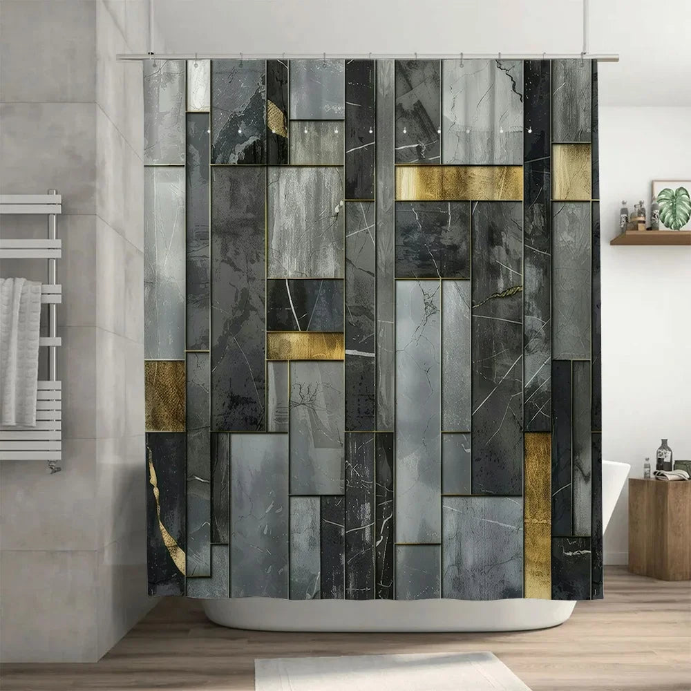 rideau douche moderne gris marbre élégant anneaux suspension 180cm 180cm doré
