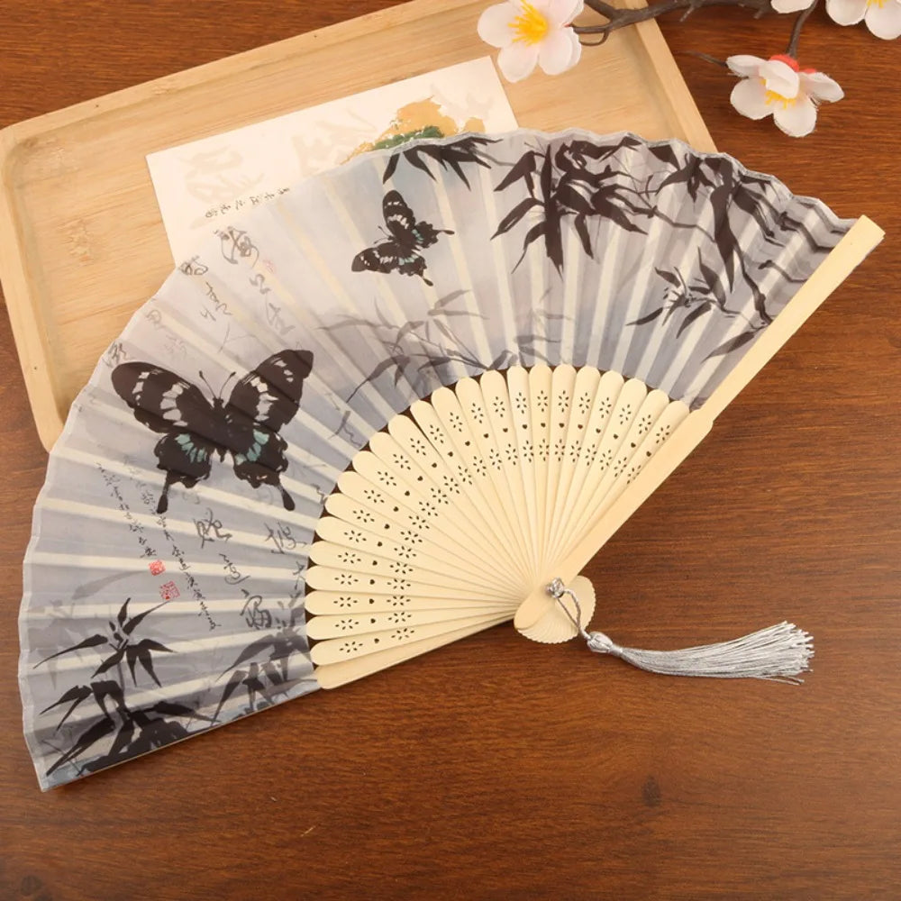éventail pliant traditionnel papillons bambou fleurs tassel noir blanc gris