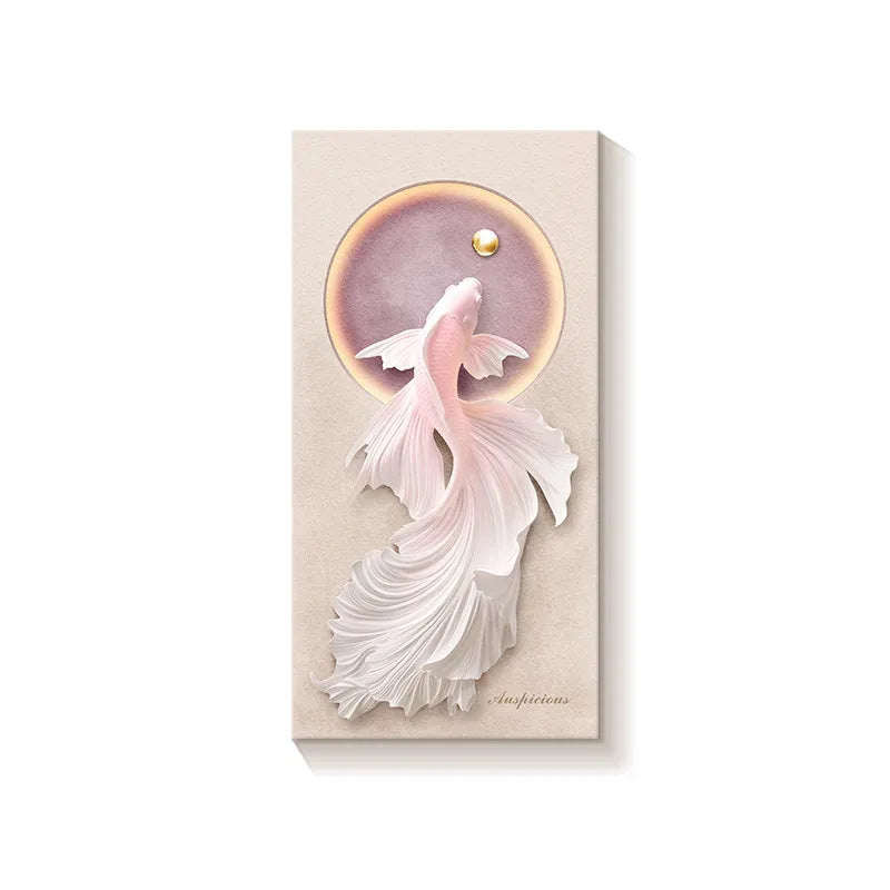 tableau mural contemporain poissons stylisés fond texturé rose pâle beige clair toile miroirs encadrés