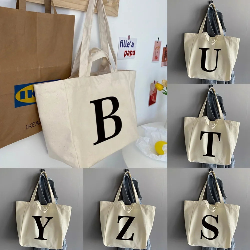 sac main femme toile beige clair lettre noire poignées détachables