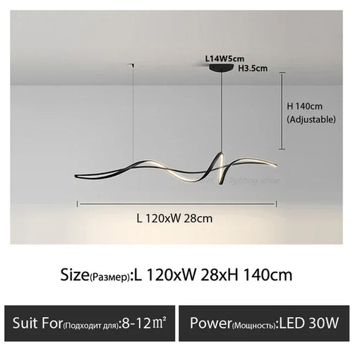 suspension lumineuse ondulé minimaliste aluminium noir blanc or salon table salle manger