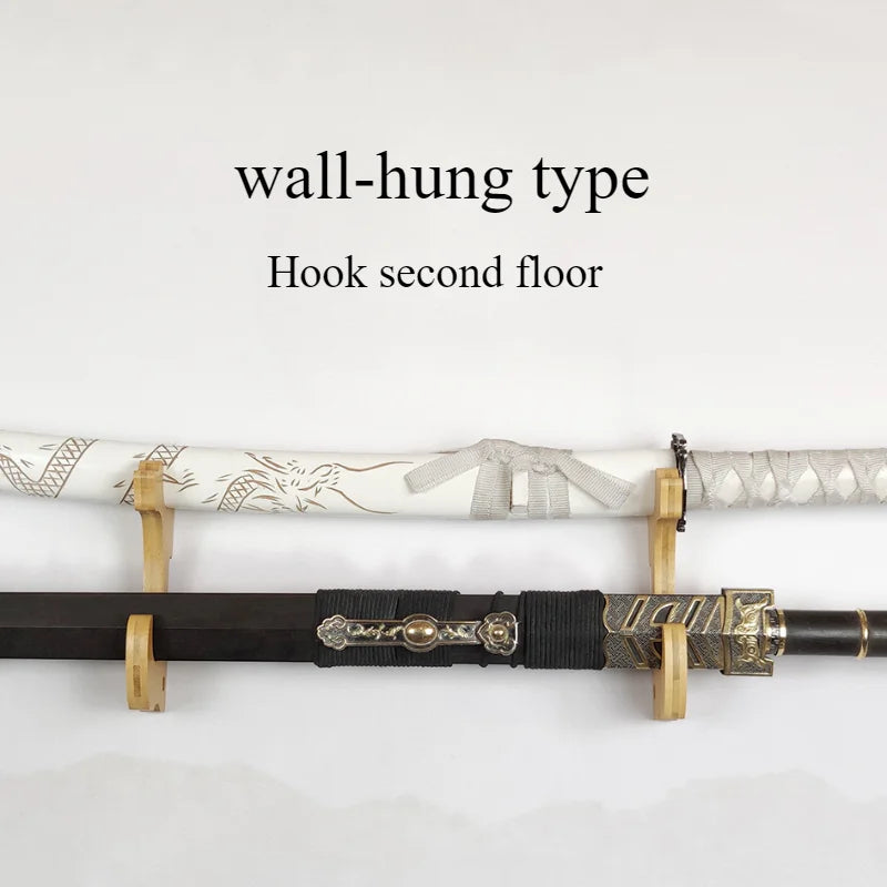supports muraux épées décoration asiatique traditionnelle samouraï dragons fleurs multiples niveaux bois clair noir