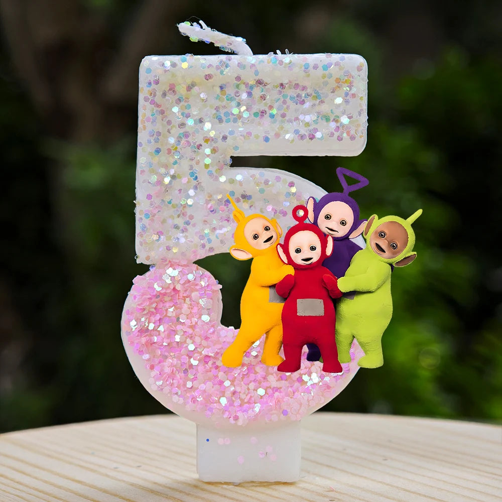 bougies décoratives teletubbies anniversaire enfant blanc rose pailletées brillantes multicolores personnages