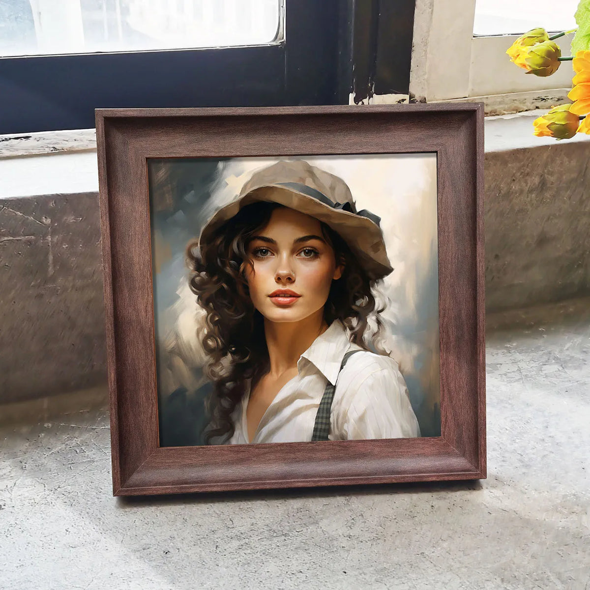 cadre photo bois classique rectangulaire 10x15cm 20x20cm 20x25cm clips métalliques.texture naturelle.image personnage.chapeau chemise blanche