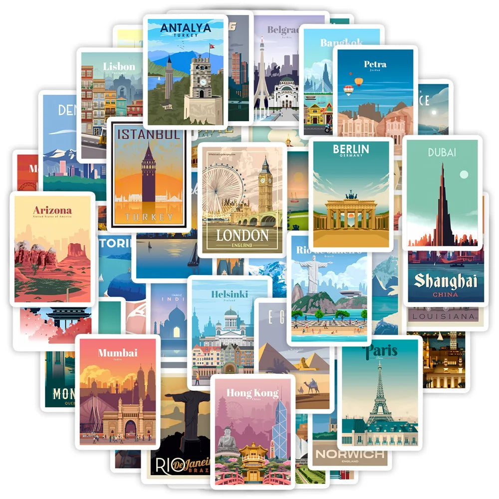 stickers autocollants stickers urbains paysages vintage tons pastel adhésifs illustrations naturelles opaques set voyage