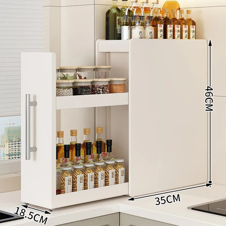 rangement cuisine blanc moderne cuillères bouteilles sauces épices poignées métalliques sans assemblage