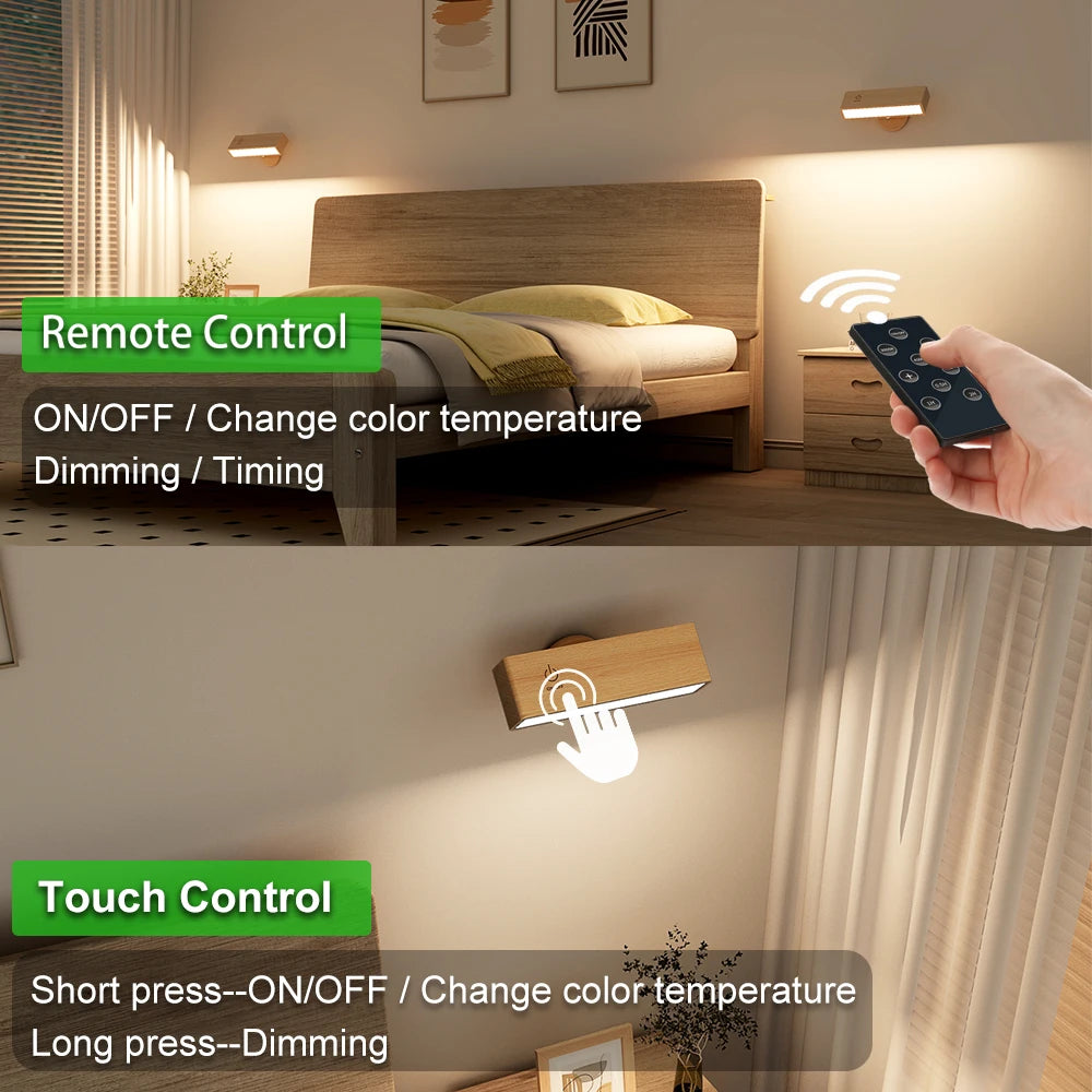 appliques murales led rechargeables télécommande rotation 360 degrés moderne bois clair minimaliste