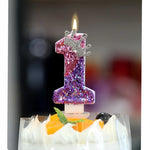 décoration anniversaire bougie forme chiffre pailletée violet rose argent tringle festive numérotée