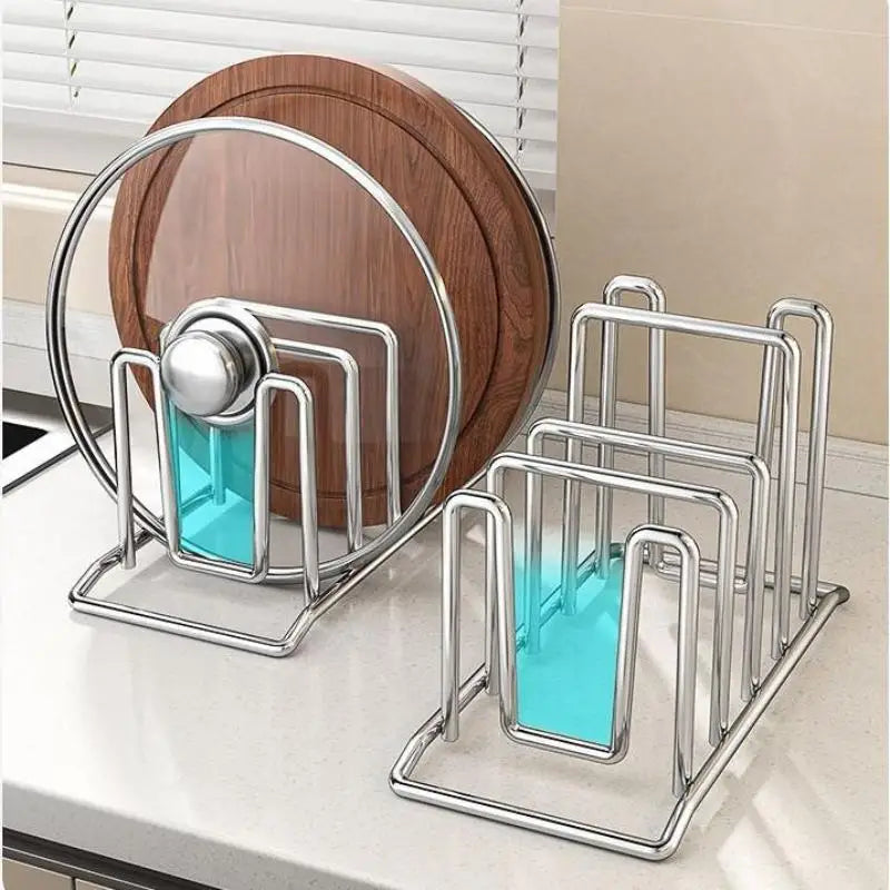 porte plats argenté moderne porte verres organisation cuisine acier inoxydable multifonction bois brun clair