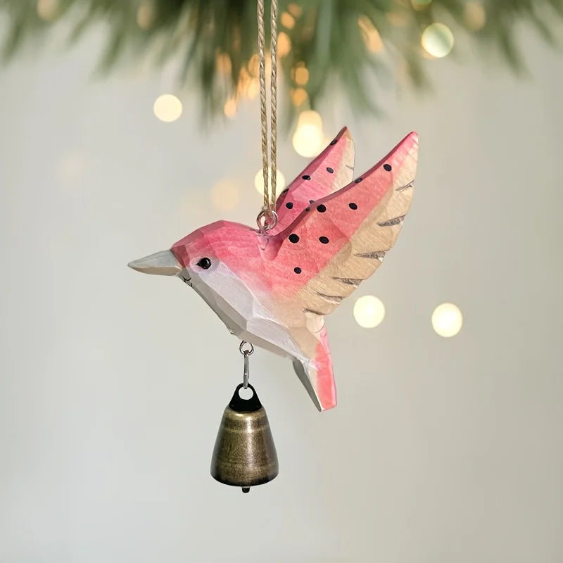 pendentif oiseau suspendu bois artisanal cloche métallique vert rose marron origami rustique