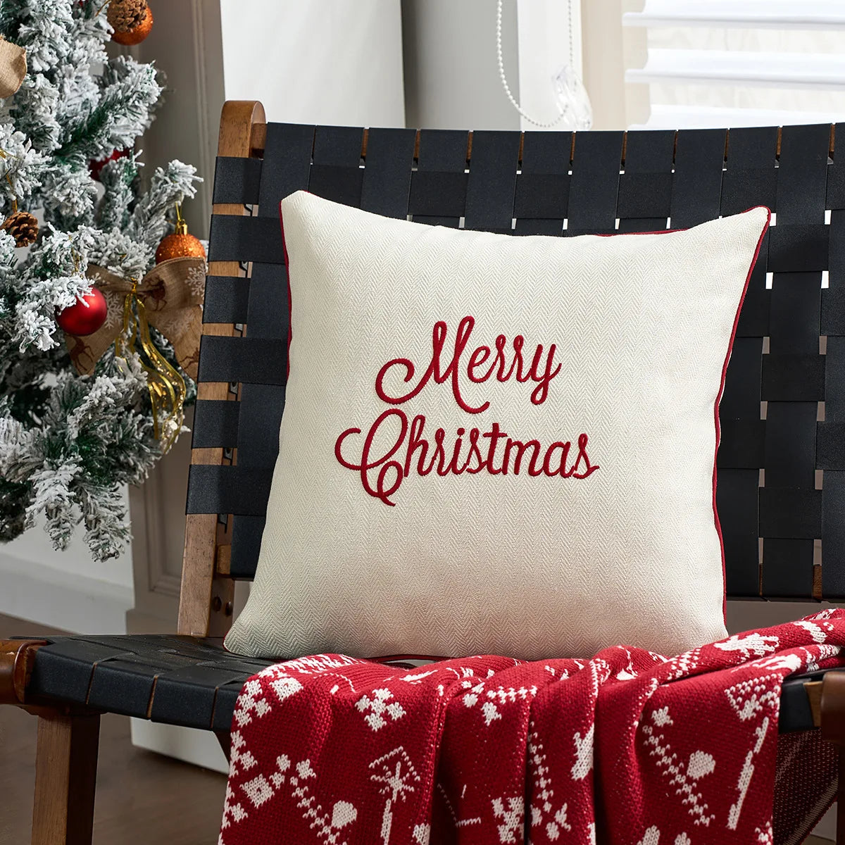 taies d'oreiller square rouge blanches flocons merry christmas coton polyester décoration lit sans rembourrage