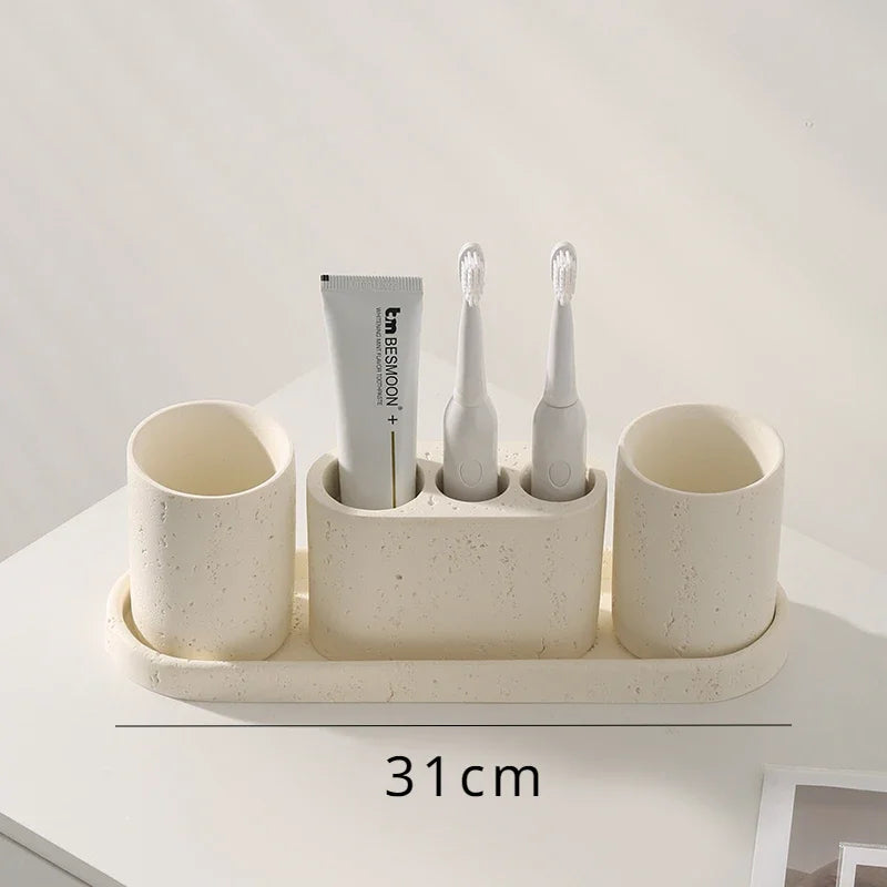 ensemble salle bain moderne blanc texturé distributeur savon gobelet support brosse dents plateau électrique