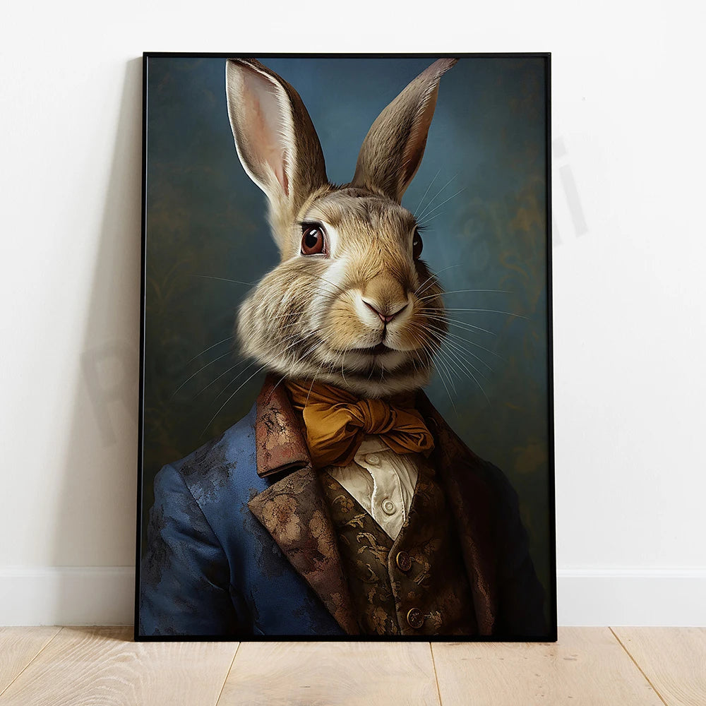 Le portrait d'un lapin élégant, habillé dans un costume vintage, dégage un charme sophistiqué et fantaisiste.