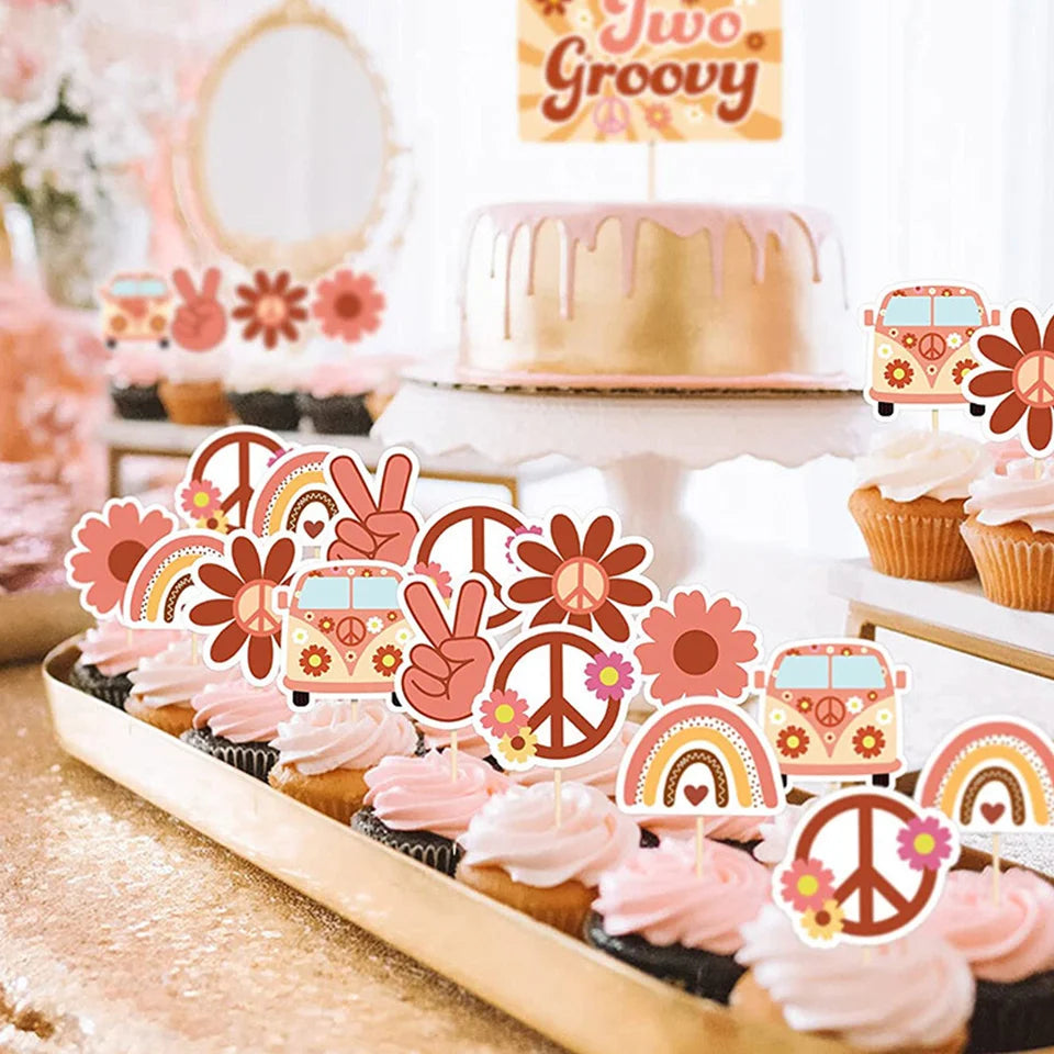 picks cupcakes fleurs paix arc ciel bus rouge orange beige jaune vert bleu vintage