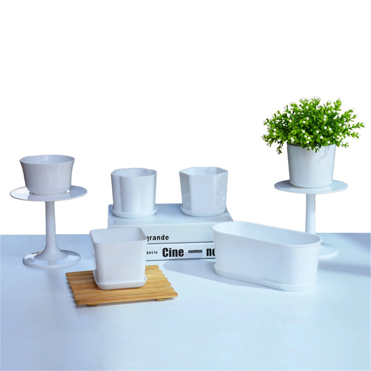pots fleurs modernes blancs soucoupe plante verte intérieur extérieur hexagon rond polygonaux