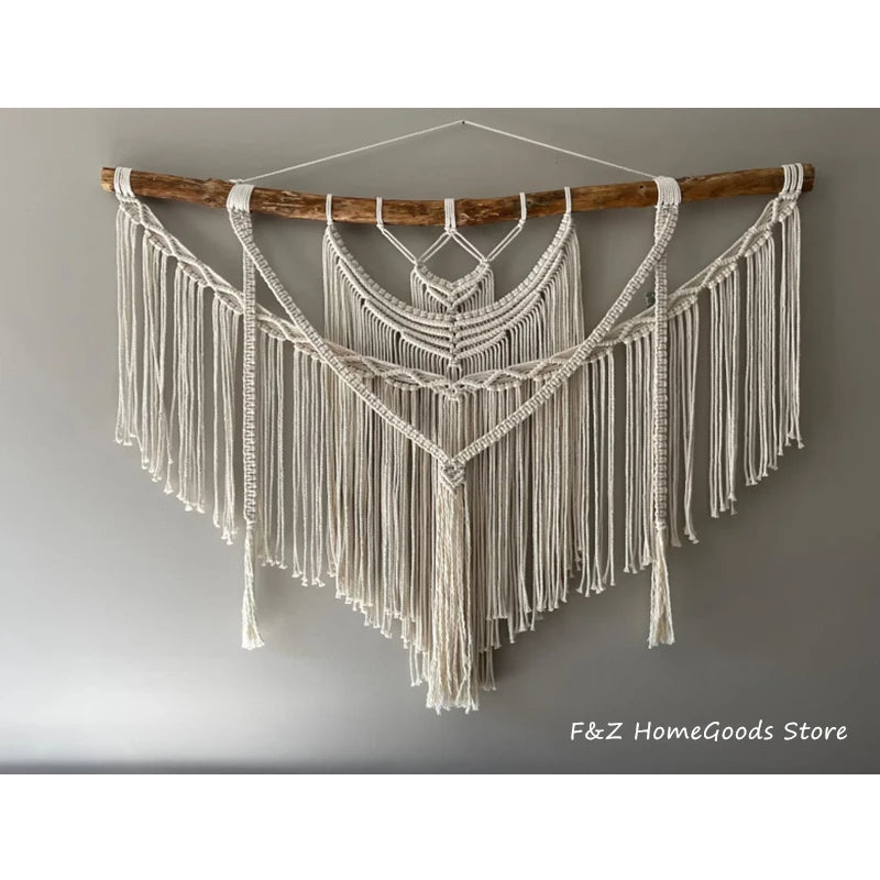 Tapis mural macramé ovale fait main en coton couleur mastic