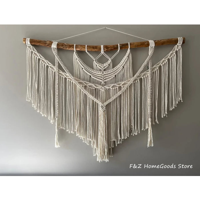 Tapis mural macramé ovale fait main en coton couleur mastic