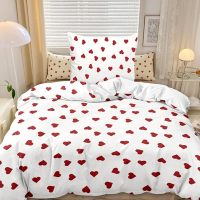 Housse de couette cœur motif esthétique blanc rouge sur lit