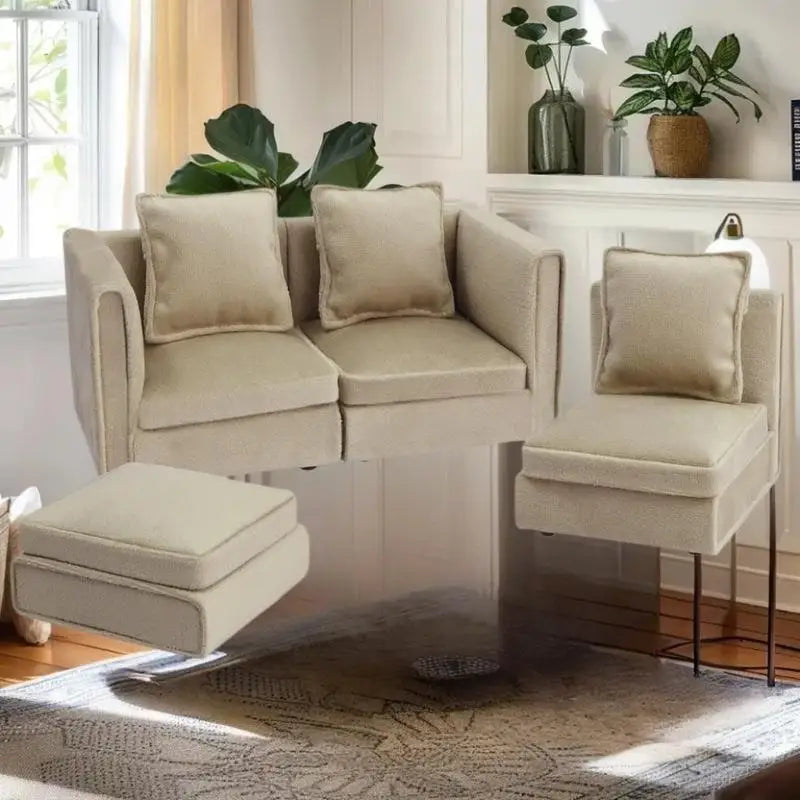 meubles miniature maison poupée canapé fauteuil table basse beige crème moderne minimaliste coussins tapis
