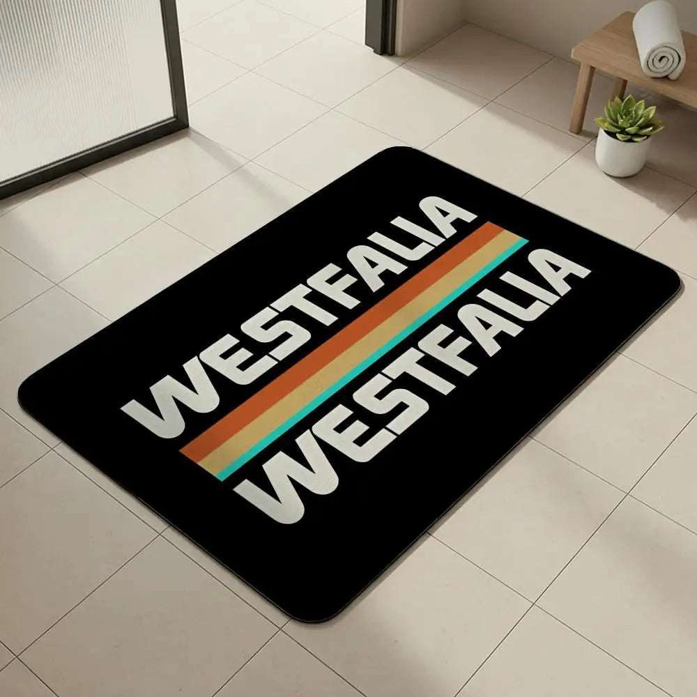 tapis sol antidérapant noir blanc lettres westfalia lignes colorées vintage minimaliste camping car bain