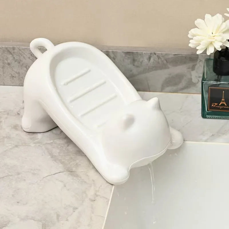 support savon chat blanc moderne tache rose salle bain accessoire bain blanc opacité moderne