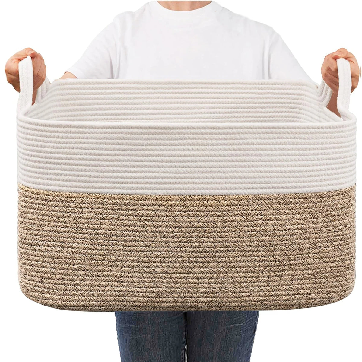 panier rangement tissé polyester pliable beige blanc rayures horizontales moderne rustique