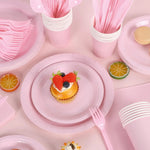 vaisselle jetable moderne rose assiettes fourchets couteaux verres serviettes anniversaire enfants fête