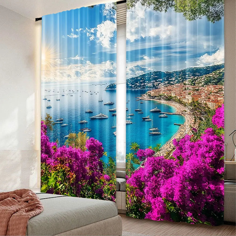 rideau moderne paysagiste bleu ciel nuages bateaux fleurs plage polyester 75x166cm
