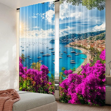rideau moderne paysagiste bleu ciel nuages bateaux fleurs plage polyester 75x166cm