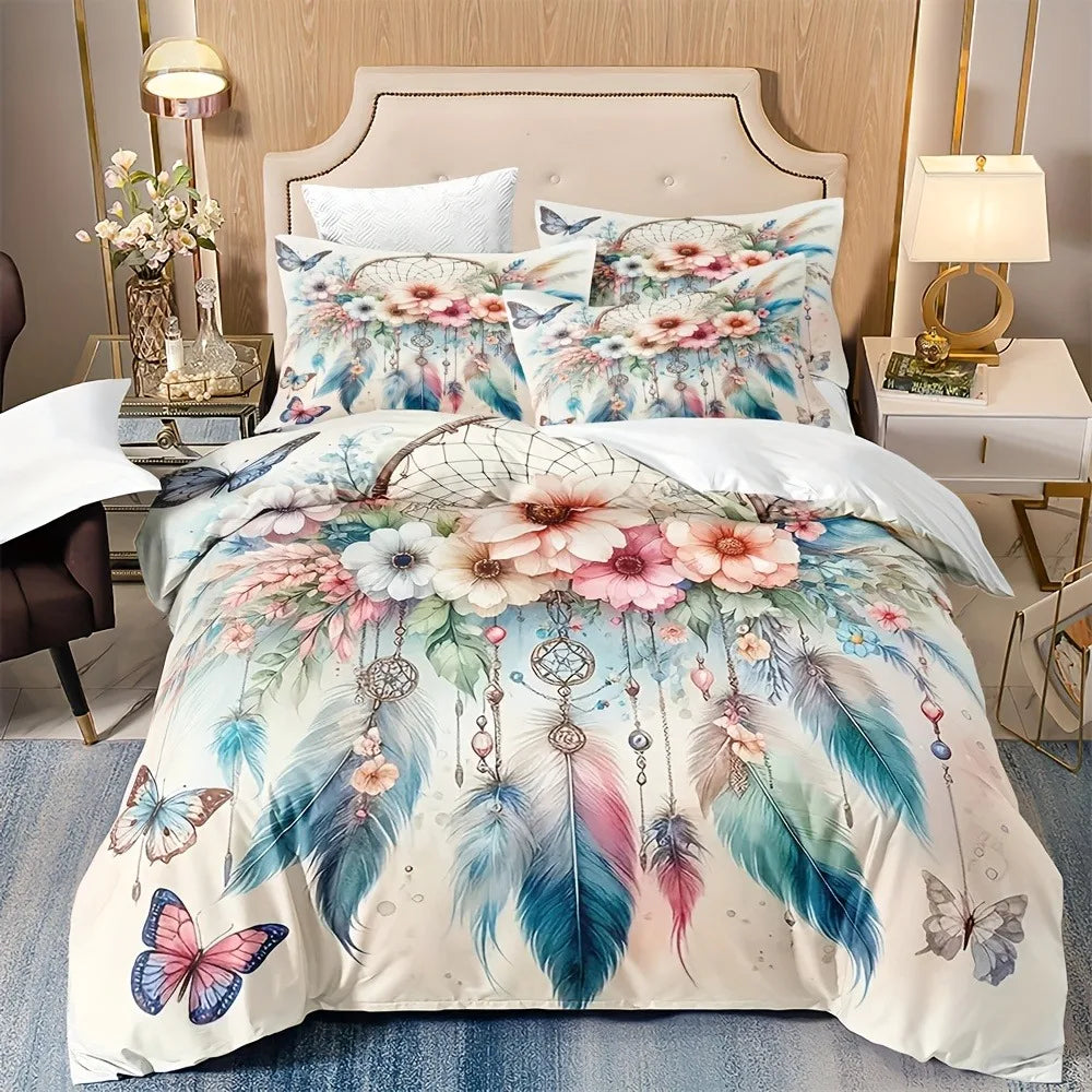 housse couette polyester boho chic fleurs motifs floraux taies d'oreiller double queen size romantique